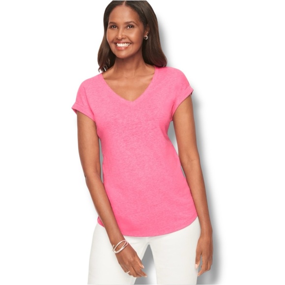 TALBOTS DROP SHOULDER V-NECK TEE - Plus 1X Brilliant Pink - Picture 1 of 13